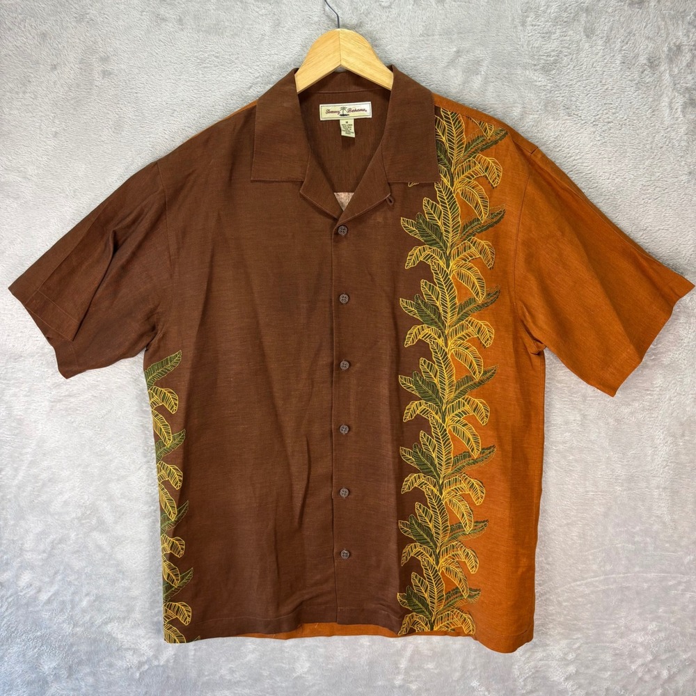 Tommy Bahama Men's Brown Embroidered Banana Leaf Shirt Linen Silk Sz Medium - Picture 5 of 8